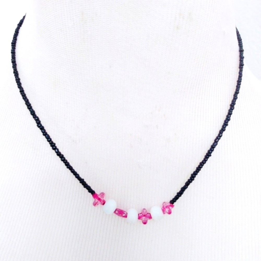 Pink white Handmade choker beaded simple necklace